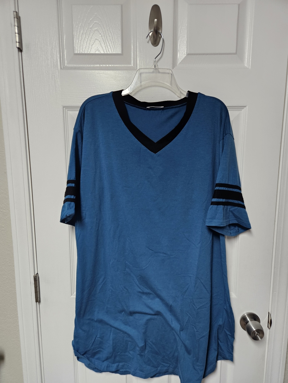 Women's Blue V-Neck Accent Stripe Sleep Shirt